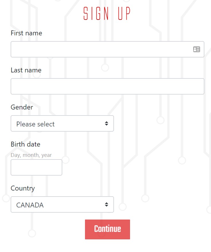 Captain Spins sign up page